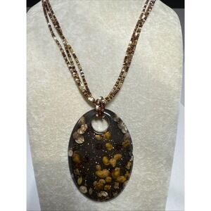 28" Seed Bead Necklace W Pressed Flower Resin Pendant 3" Boho Hippy Jewelry